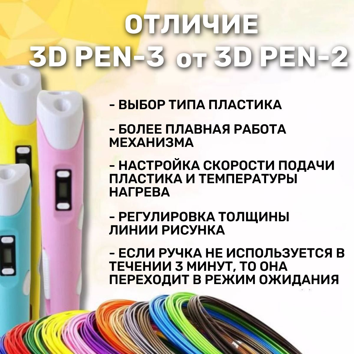Эти 3d-ручки оснащены новым более мощным двигателем, что позволяет использовать пластики более широкого спектра производителей, чем предыдущая версия 3d-ручки.