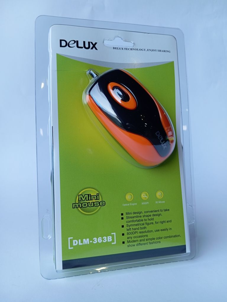МышьDELUX"DLM-363B"опт.,mini,800dpi,USB(2кн+скролл),черно-оранжевая