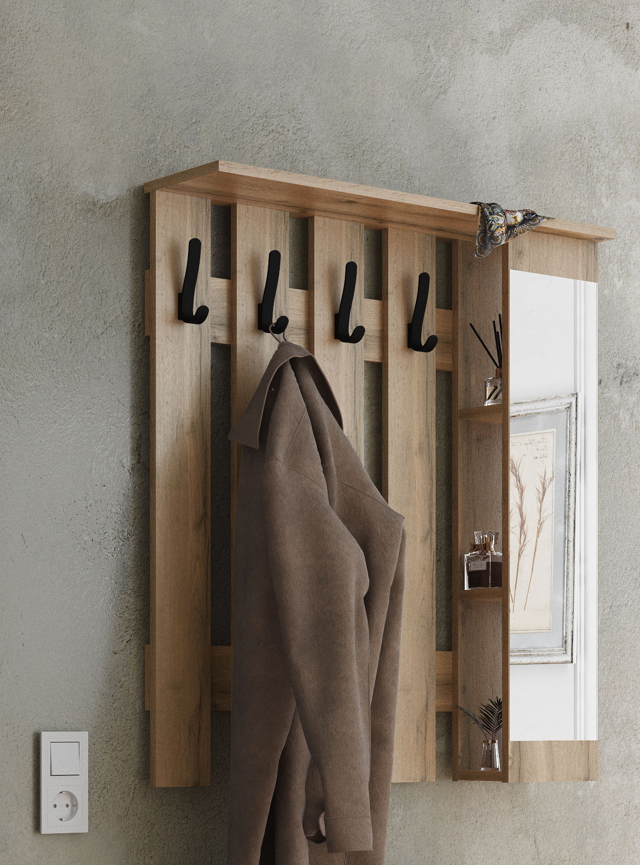 ВешалканастеннаявприхожуюсзеркаломиполкамиЛДСПДубВотан