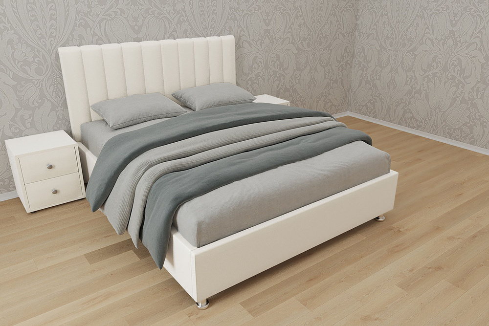Двуспальная кровать Челси с матрасом 160x200 основание металлическое с ламелями велюр белый ножки 13 #1