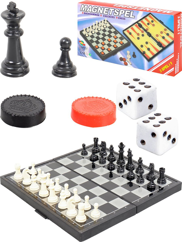 Набор настольных игр 3 в 1.Пластиковые "Нарды, шашки, шахматы" на магнитах, в коробке. Магнитные шахматы #1