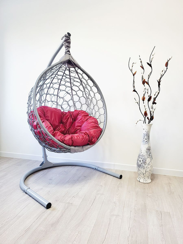 Подвесное кресло для дома и сада 100х106х175 см, Like Ажур. Кресло серое, подушка круглая вишневая. Подвесное #1