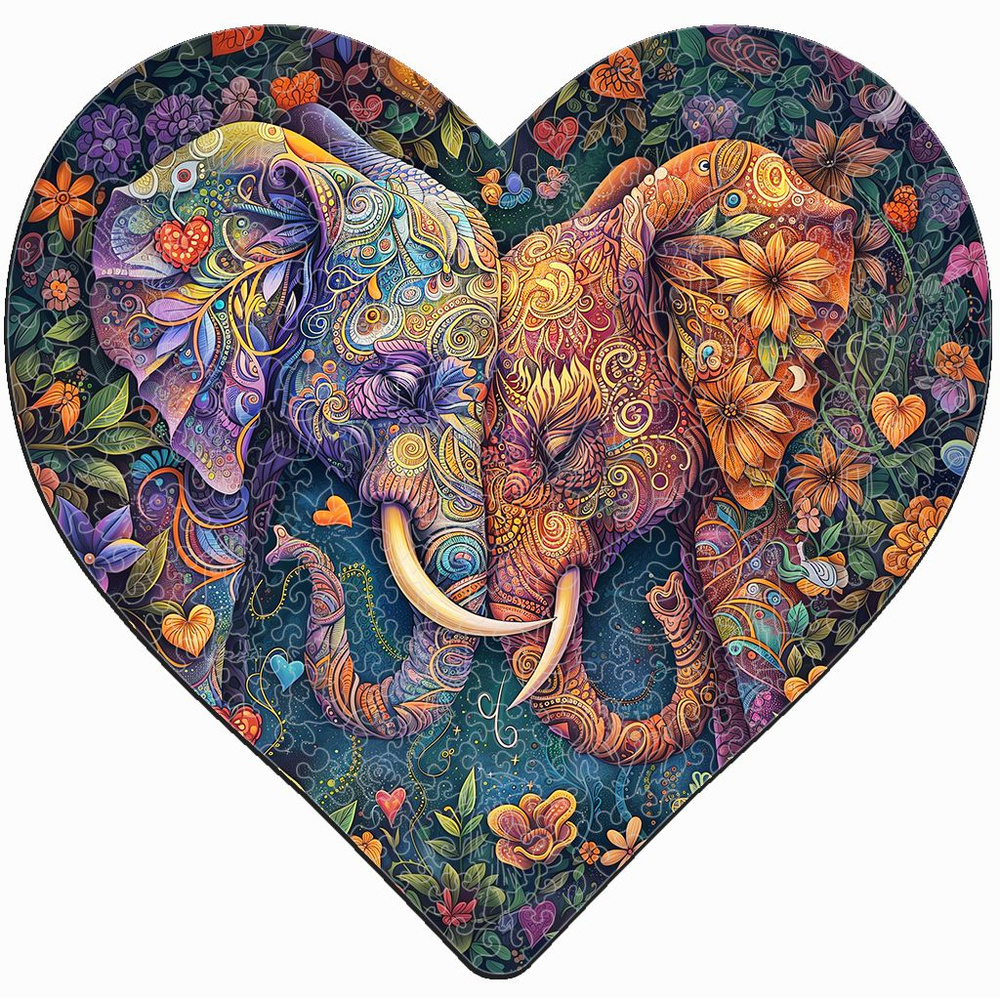 Деревянный пазл "Влюбленные Слоны" виде сердца, 29х28см, 267 деталей / Фигурный / Подарок для взрослых #1