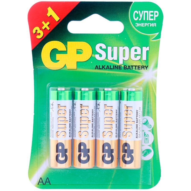 Батарейка АА пальчиковая GP Super Alkaline 15A LR6 (промо: 3+1)щ алкалиновая(щелочная), 4 шт  #1