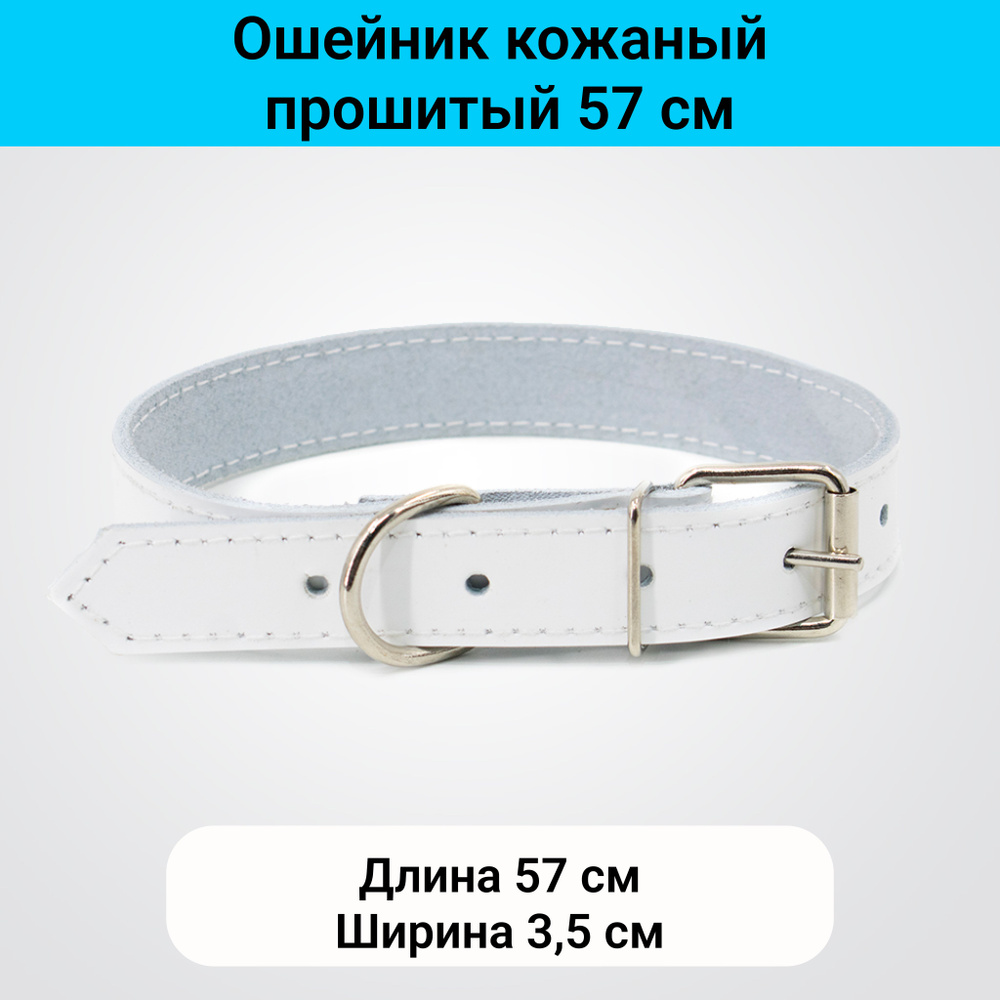 Ошейник для собак средних и крупных пород кожаный прошитый белый 57 см ширина 3,5 см  #1