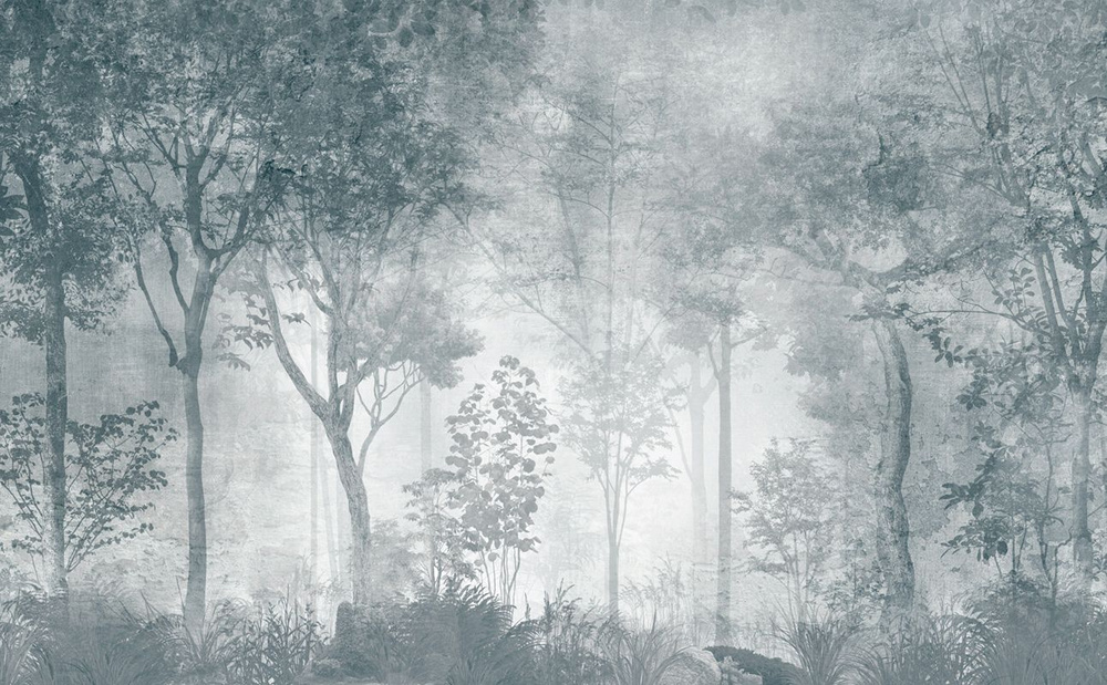 Фотообои флизелиновые на стену 3д GrandPik 10319 Лофт "Лес, деревья в тумане, винтаж, синий" (ШхВ), 420х260 #1