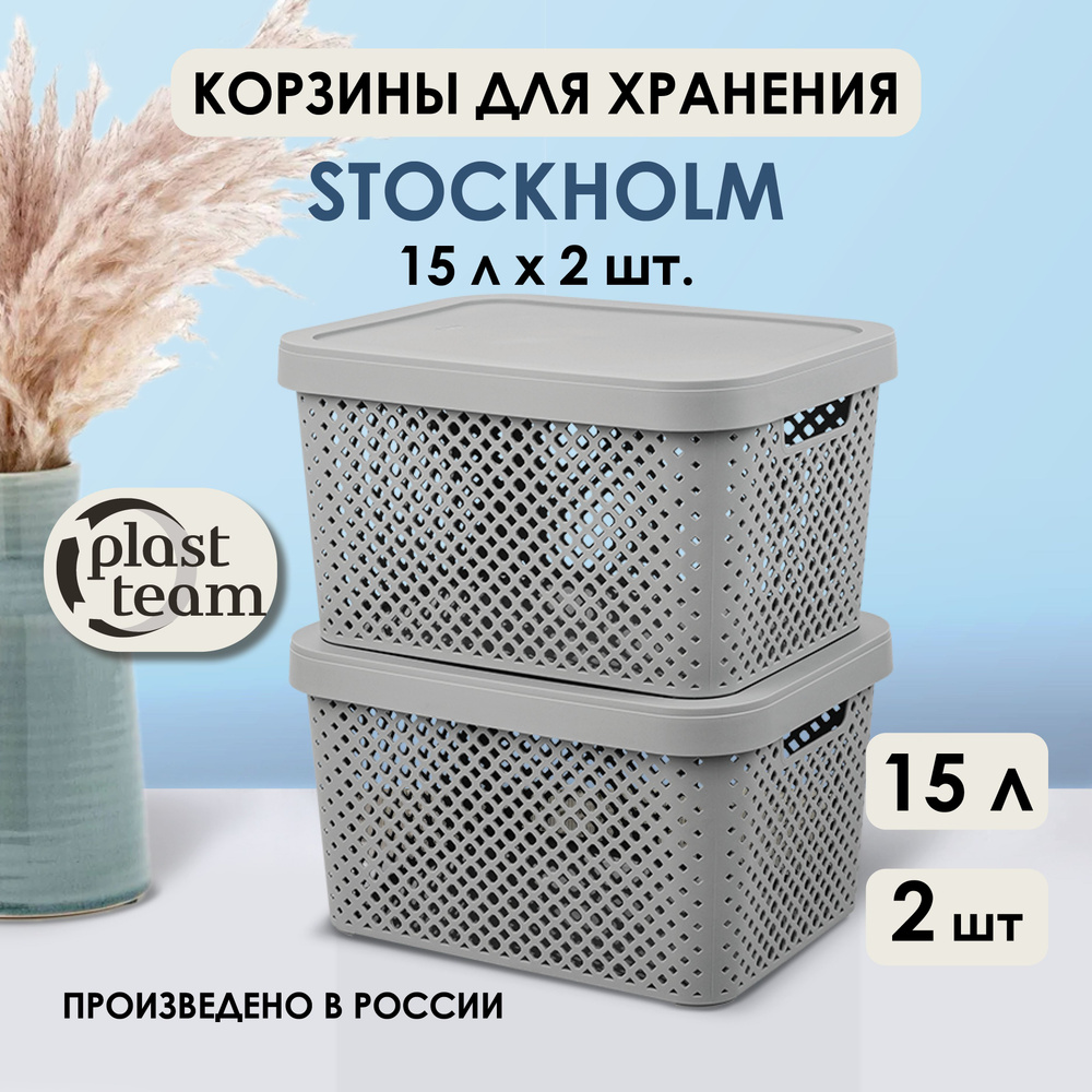 Корзины для хранения с крышкой 15 л, 2 шт Plast Team Stockholm, серый шторм, органайзеры / ящики  #1