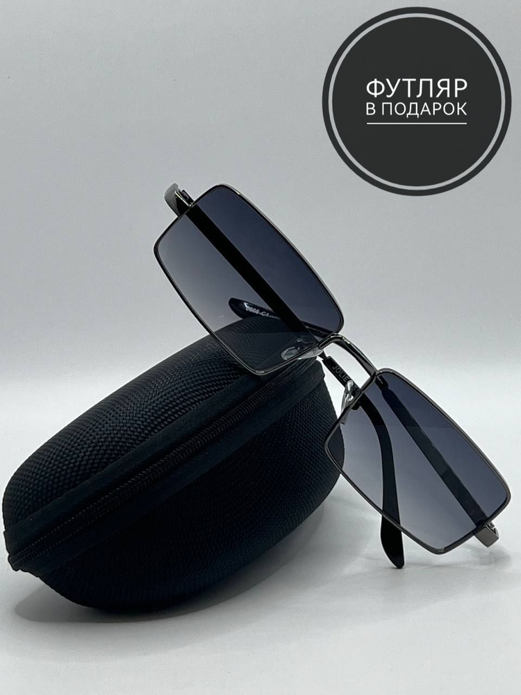 Солнцезащитные очки прямоугольник черные в металлической оправе ромбики на дужке  #1