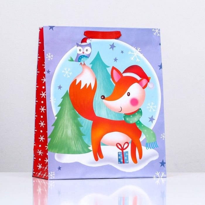 Подарочный пакет новогодний Well-Known "Новогодняя лисичка", ламинированный, 26х32х12 см  #1