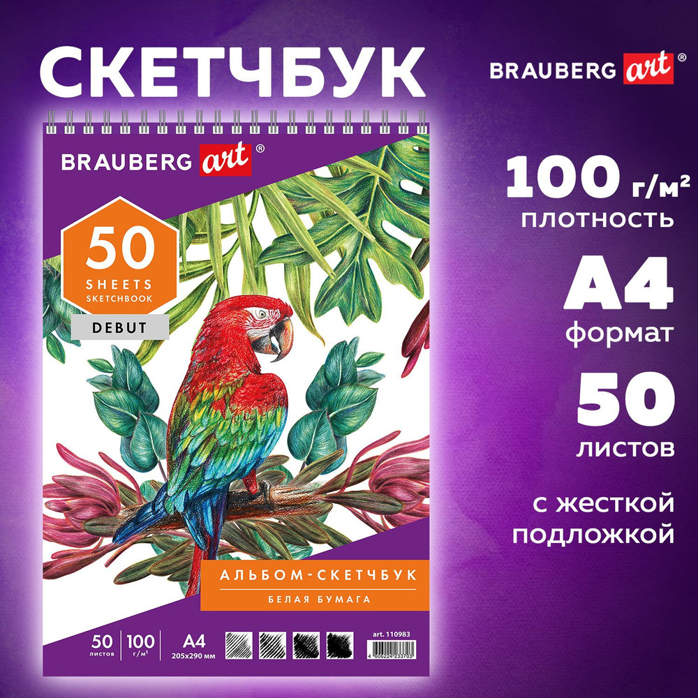 Скетчбук-блокнот с белой бумагой для рисования эскизов, 100г/м2, 205х290мм, 50 листов, гребень, Brauberg #1