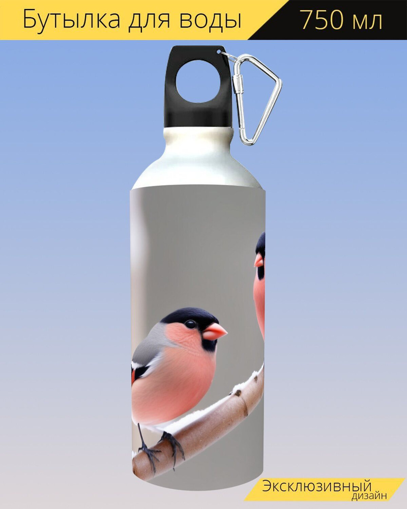 бутылка для воды любителям животных "Животные, снегири, зимой" для походов и отдыха, 750мл.  #1
