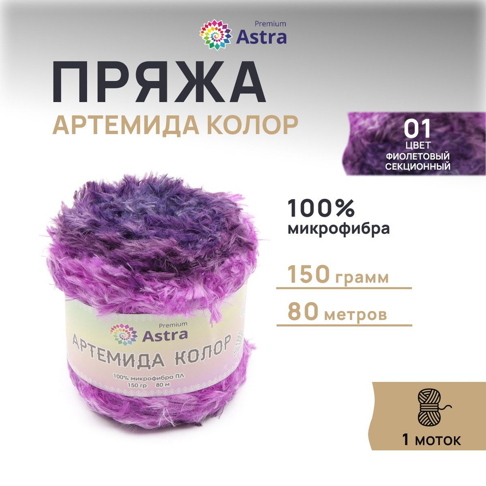 Пряжа Astra Premium Артемида Колор, микрофибра, 150 г, 80 м, 1 моток, 01 фиолетовый секционный  #1