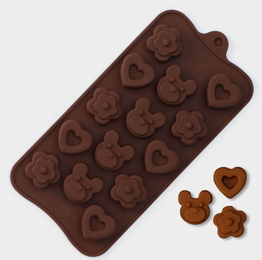 Форма силиконовая для выпечки и создания украшений из шоколада Сердце, Мишка и Цветок, 14 ячеек  #1