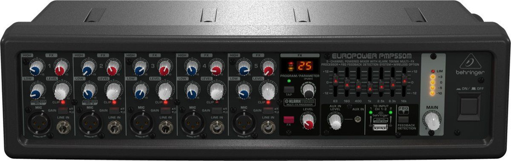 BEHRINGER PMP550M активный микшер 2х250 Вт, 5 микрофонно-линейных моновходов, процессор эффектов, вход #1