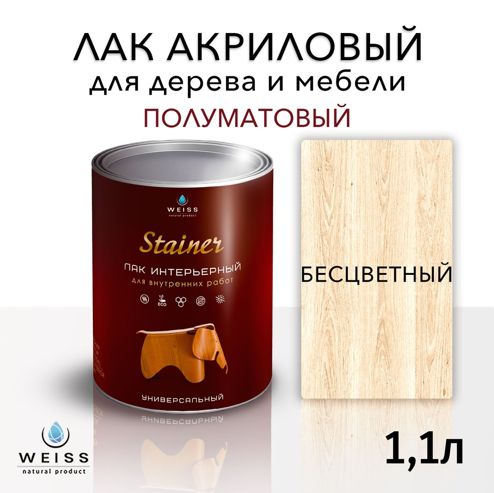 Лак для дерева акриловый бесцветный, полуматовый, Weiss natural product, без запаха, самовыравнивающийся, #1