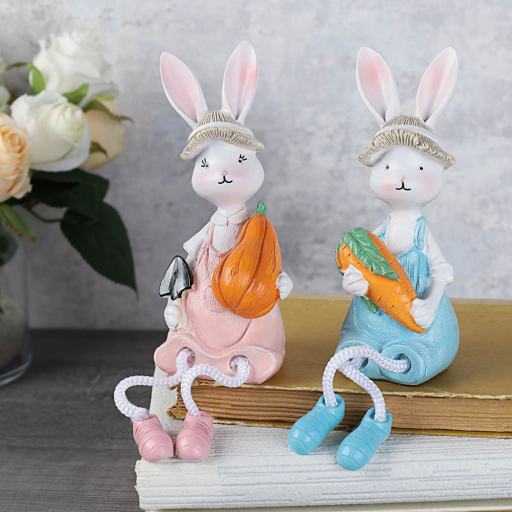 Фигурки "Кролики пасхальные" с висячими ножками 21 см, 2 штуки/ Зайчики подарочные на Пасху  #1