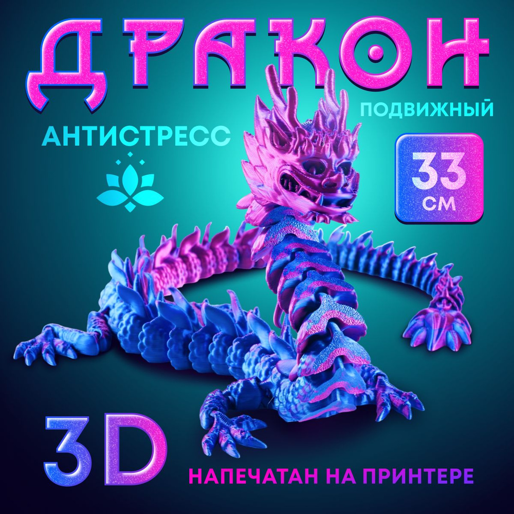 Игрушка-антистресс Дракон, 33см фиолетово-синий / антистресс для взрослых / подарок на новый год  #1