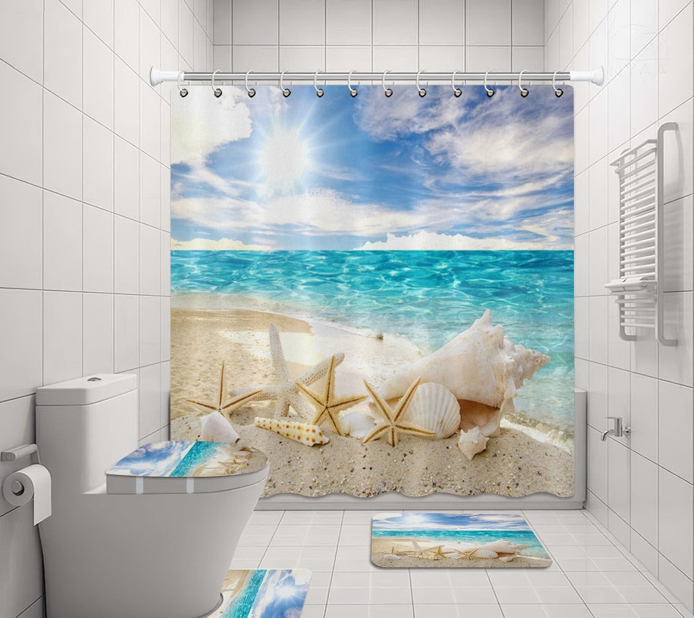Штора (занавеска) для ванной / душа водоотталкивающая тканевая с кольцами 180 x 180 см Пляж и ракушки #1