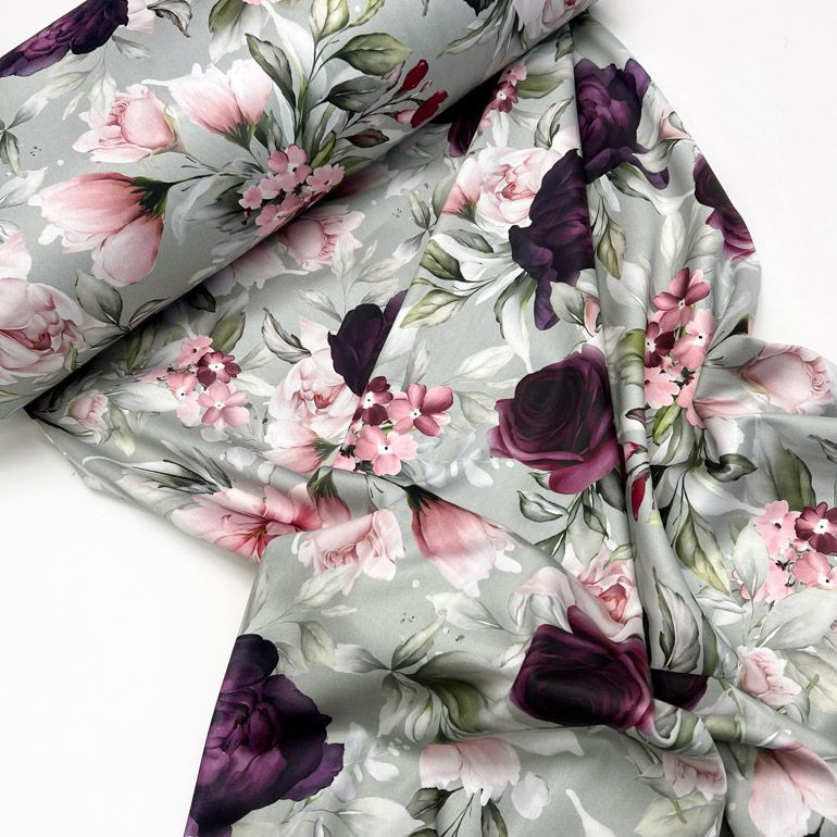 Ткань Турецкий Сатин Пурпурные розы на серо-зелёном, digital (цифровая печать). 100% хлопок. 100х240см #1