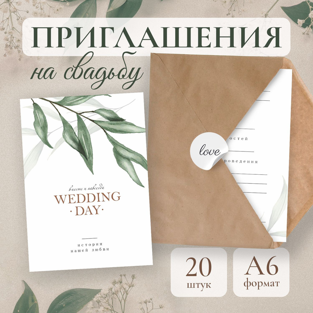 Пригласительные на свадьбу, набор 20 шт (зелёные листья), Выручалкин  #1