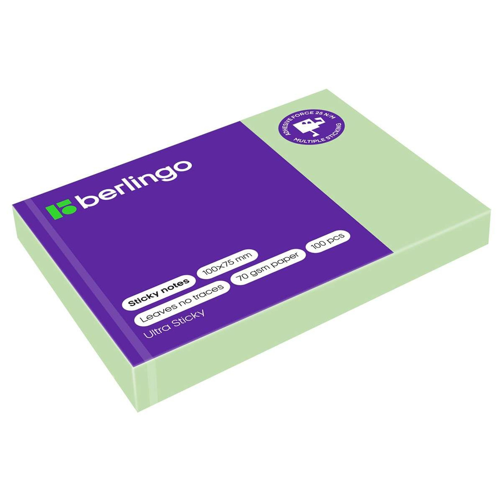 (12 шт.) - Самоклеящийся блок Berlingo "Ultra Sticky", 100*75мм, 100л., пастель, зеленый (арт. 287178) #1