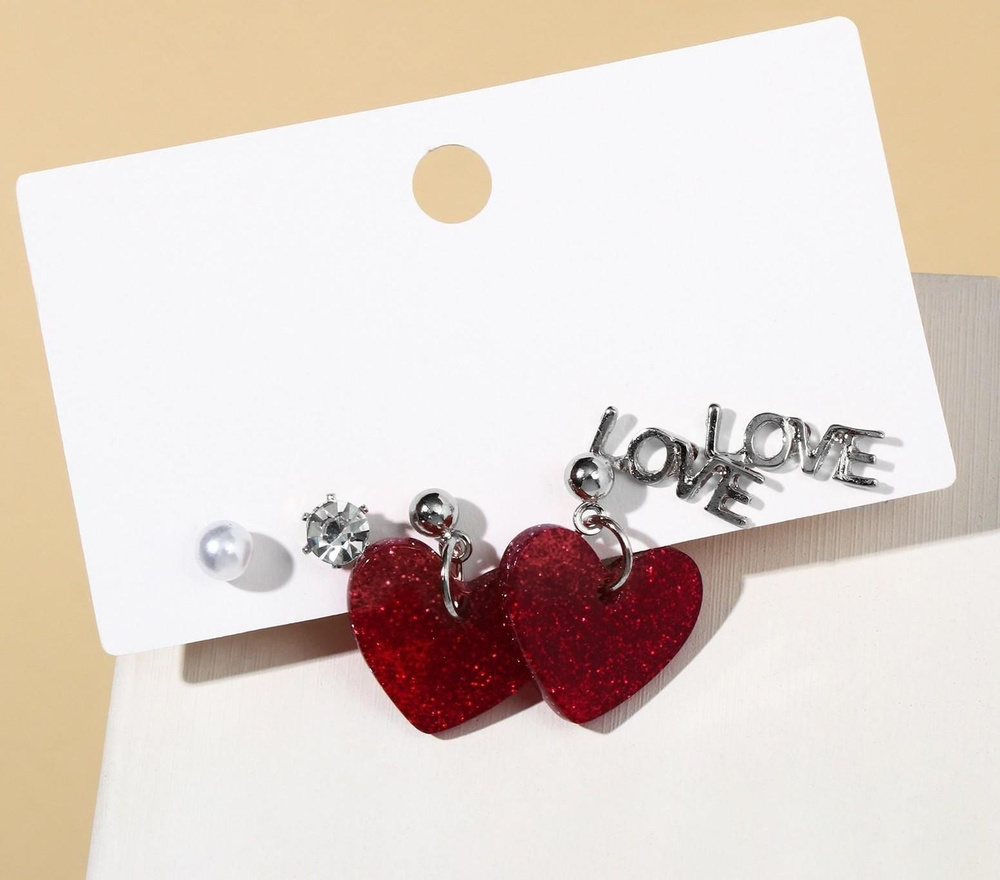 Набор 3 пары серёг LOVE сердечки, цветные в серебре #1
