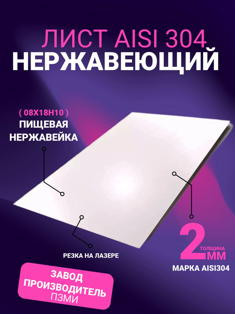 Лист нержавеющий толщина 2 мм. Раскрой 500х500мм, марка Aisi304 ( 08Х18Н10 ) Нержа пищевая сталь, листовой #1