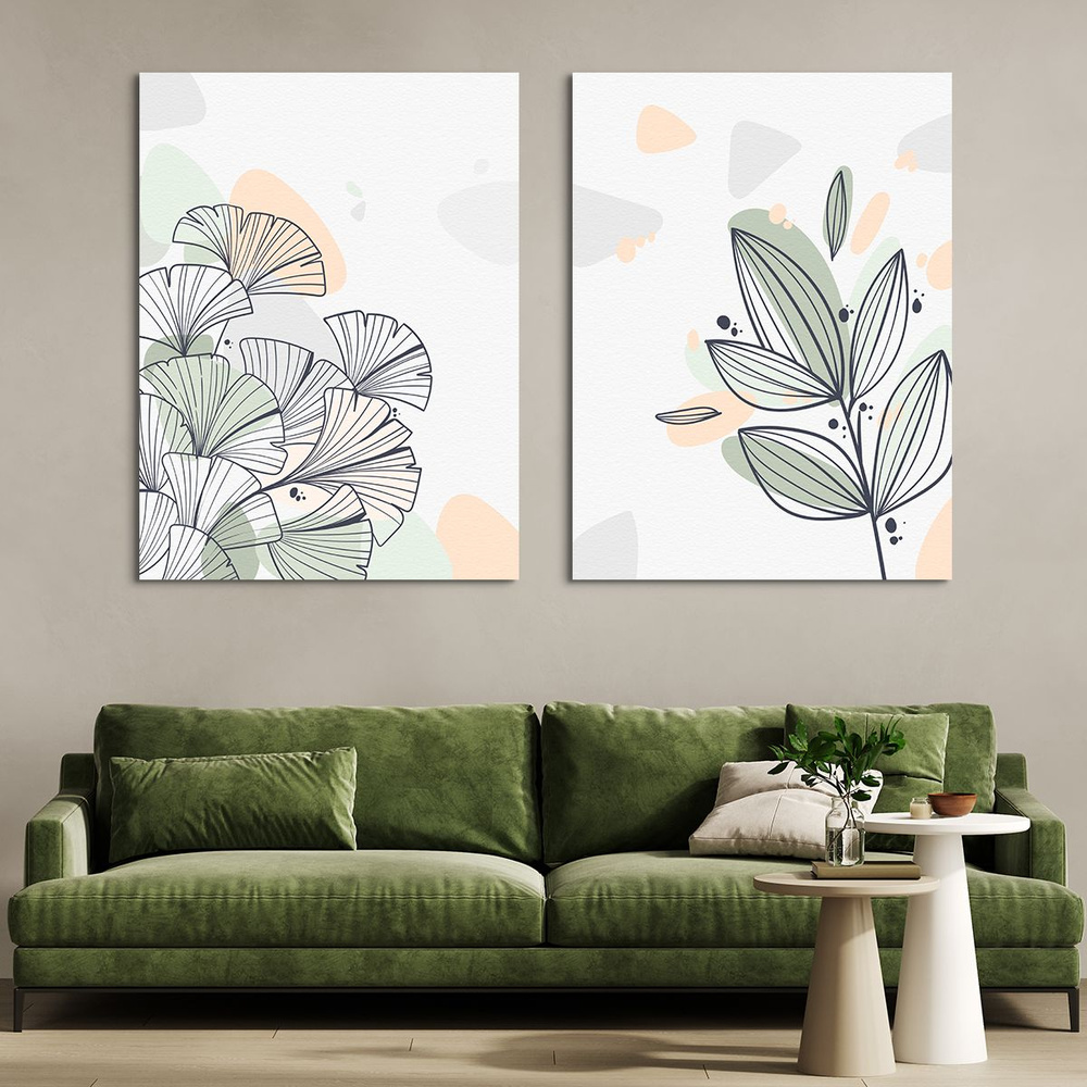 Модульная картина на стену, на холсте - Ботаническая иллюстрация листьев в стиле бохо 90x60 см  #1