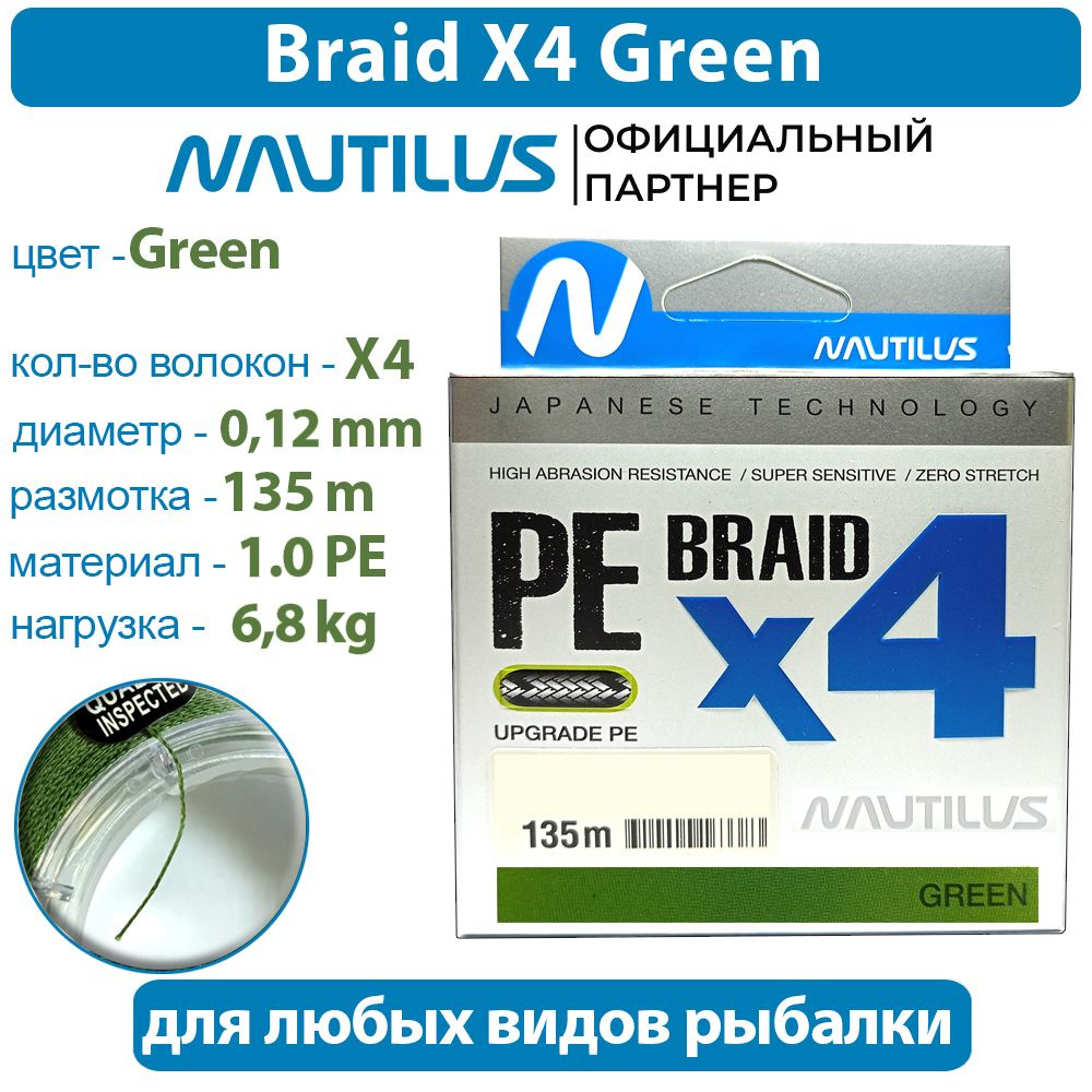 Шнур Nautilus Braid X4 Green d-0.12 6.8кг 1.0PE 135м #1