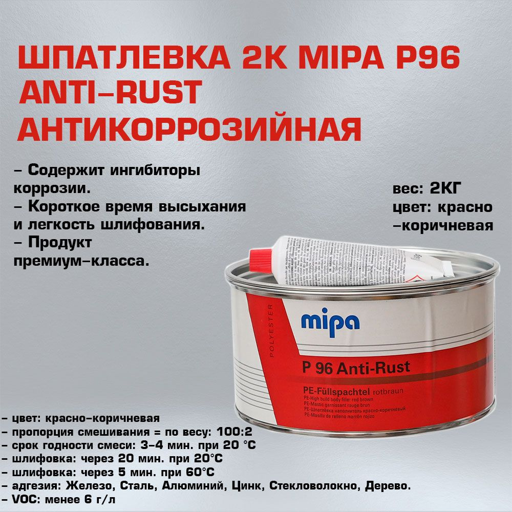 Шпатлевка антикоррозийная Mipa P96 (2кг) Anti-Rust универсальная  #1