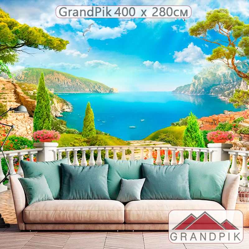 Фотообои флизелиновые на стену 3д GrandPik 71436, 400х280 см(ШхВ) Фреска "Балкон на море, Средиземноморский #1