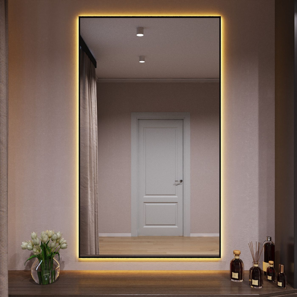 Зеркало с подсветкой в алюминиевой раме настенное Market.House 150х80 см. Свет: Теплый белый 3000К. Черное #1
