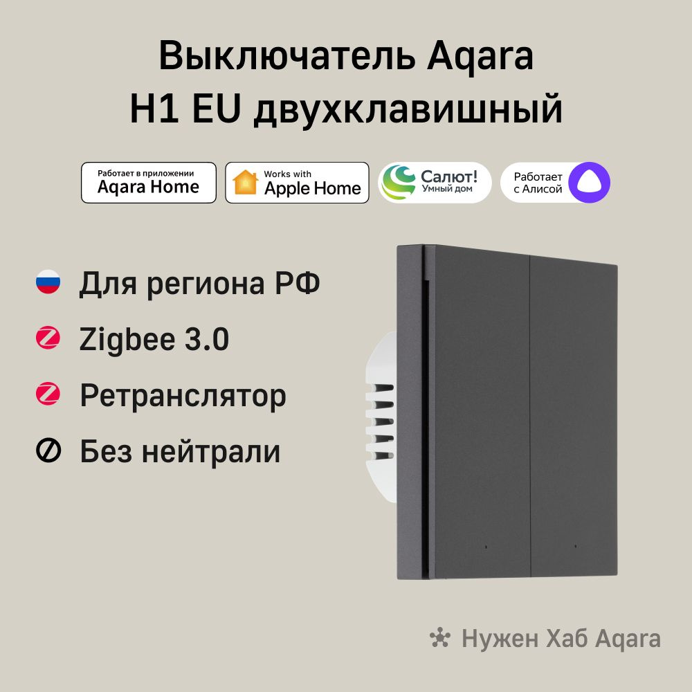 AQARA Умный настенный выключатель H1 EU(без нейтрали, 2 клавиши), модель WS-EUK02, цвет: графит  #1