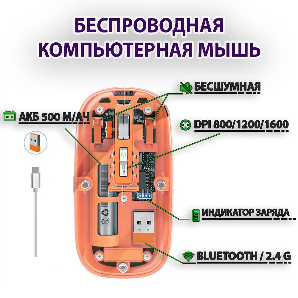 Беспроводная компьютерная мышь 500мАч в прозрачном корпусе Bluetooth/ 2.4G оранжевая  #1