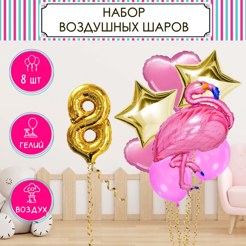 Шары воздушные с днём рождения набор цифры 8 лет "Фламинго", "Веселая вечеринка", фольгированные и латексные #1