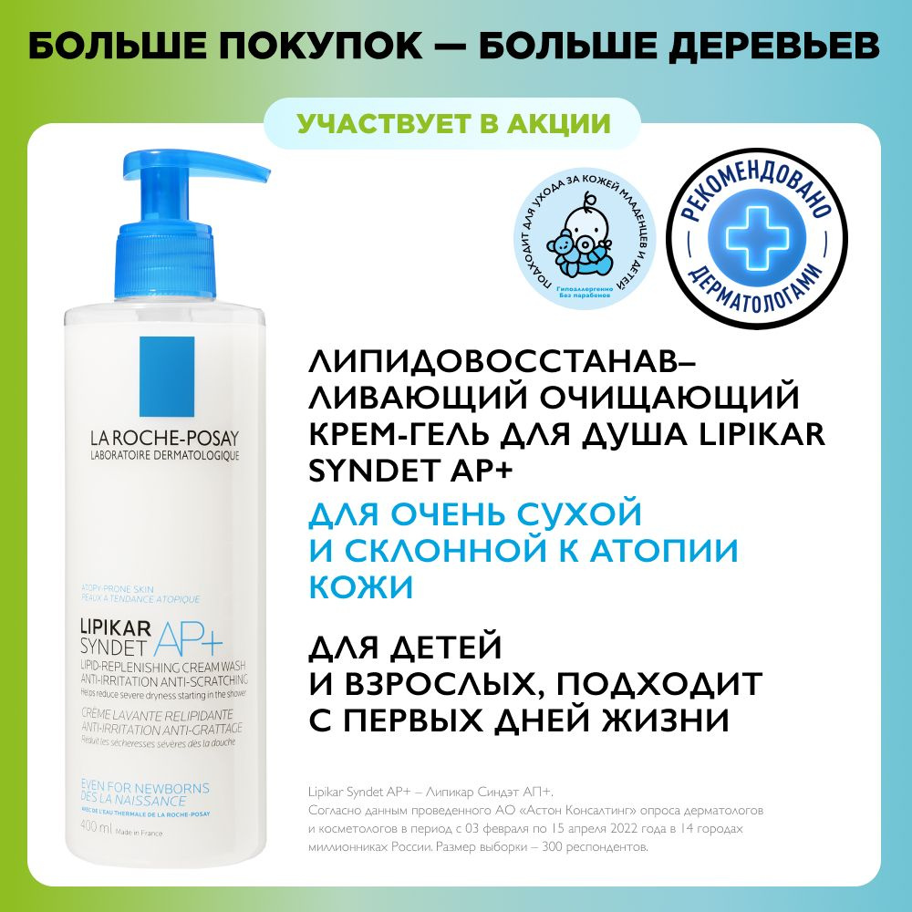 La Roche-Posay Lipikar Syndet AP+ Липидовосстанавливающий очищающий  крем-гель для лица и тела взрослых, детей и новорожденных младенцев 0+, 400  мл - купить с доставкой по выгодным ценам в интернет-магазине OZON  (140933803)