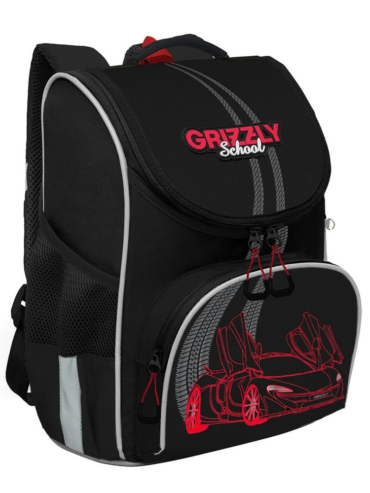 Школьный ранец с ортопедической спинкой GRIZZLY RAm-485-8/3 черный с мешком для обуви, грудная стяжка, #1