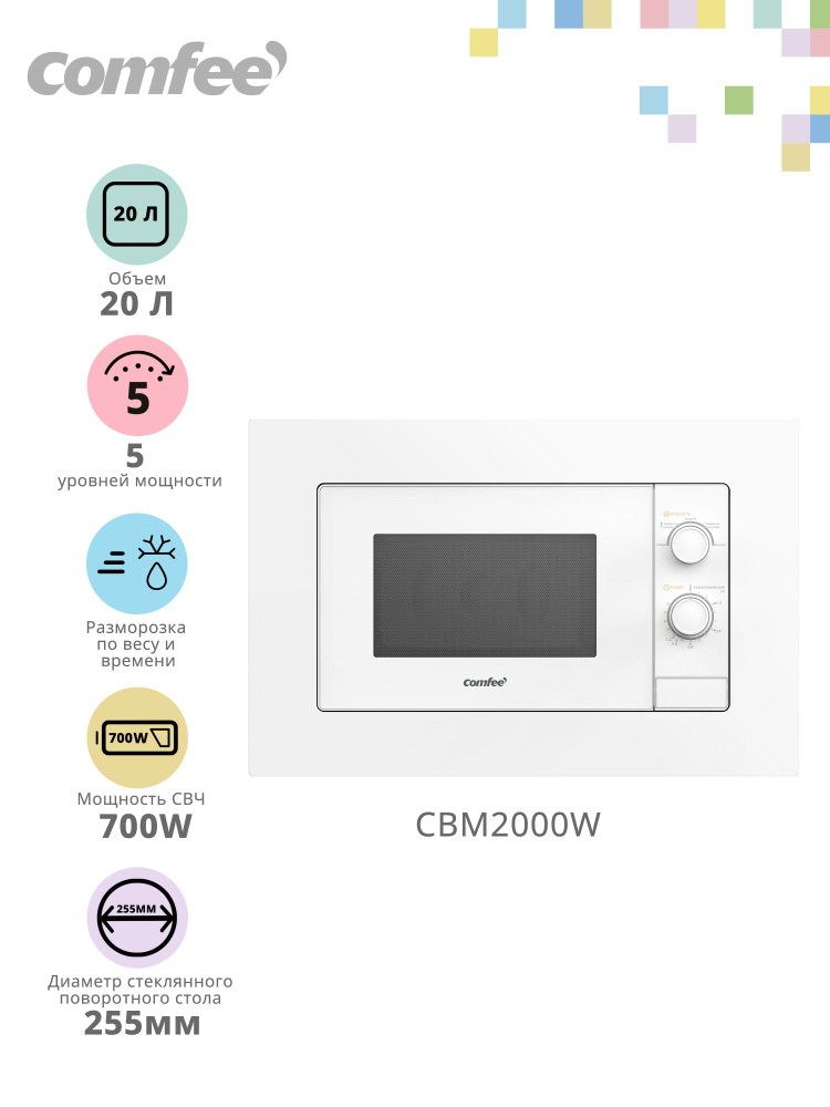 Встраиваемая микроволновая печь Comfee CBM2000W, 700 Вт, 5 уровней мощности, поворотный стол, камера #1