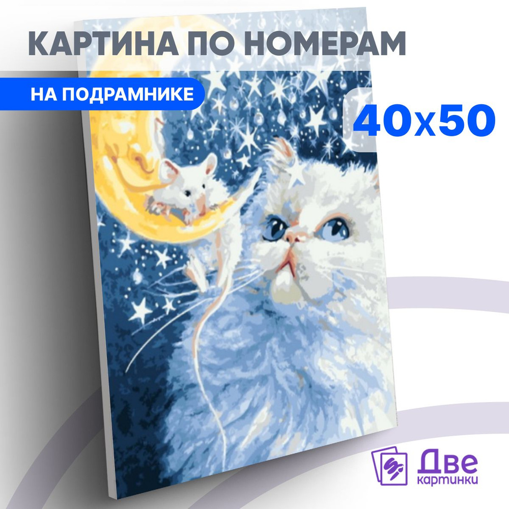 Картина по номерам на холсте 40х50 40 x 50 на подрамнике DVEKARTINKI Белый кот и мышка на луне  #1