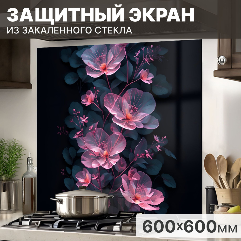 Защитный экран от брызг на плиту 600х600х4мм. Стеновая панель для кухни из закаленного стекла. Фартук #1