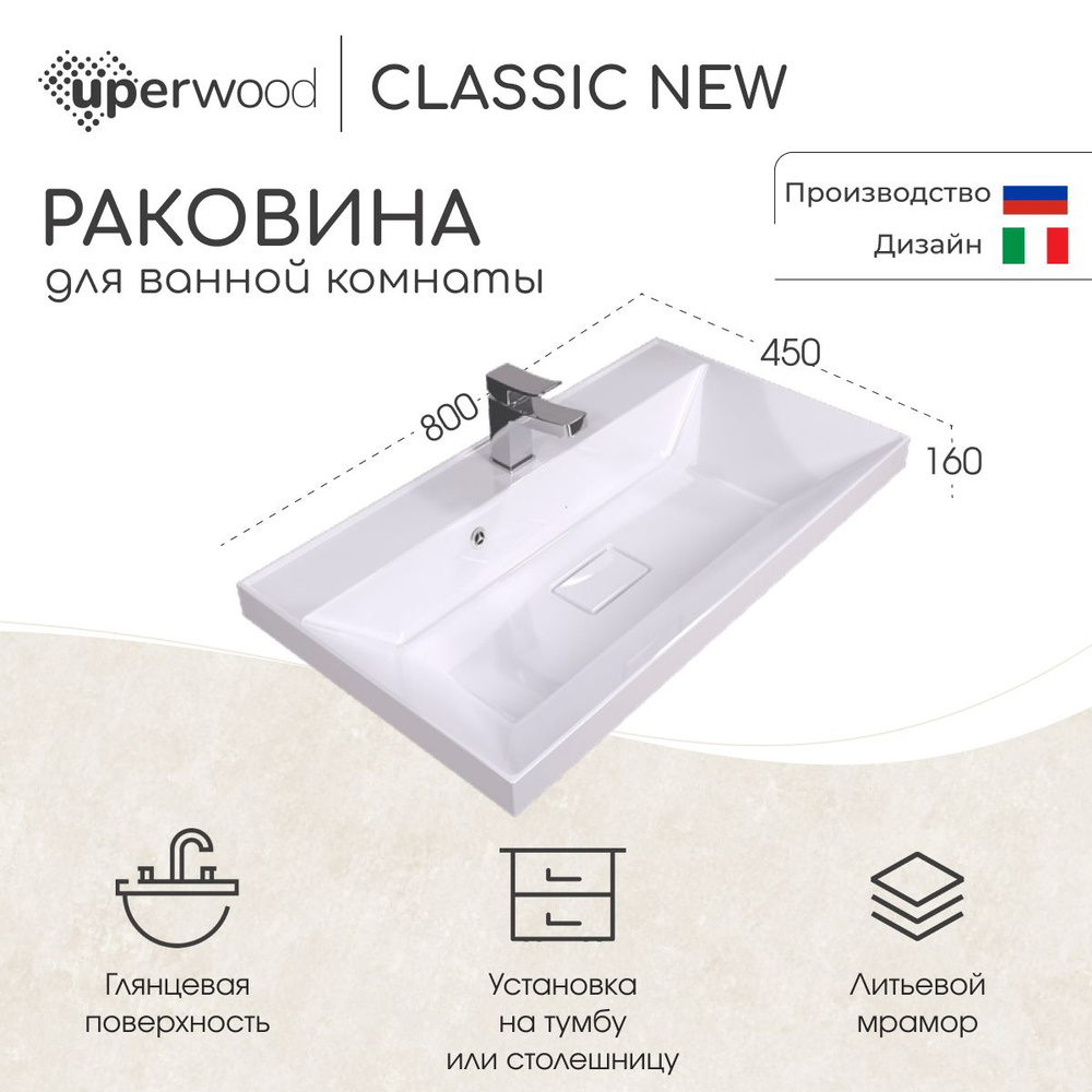 Раковина для ванной Uperwood Classic New 80х45х16,3 см, белая глянцевая, с накладкой для слива  #1