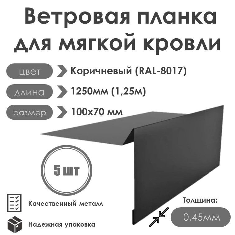 Ветровая планка (торцевая планка) для мягкой кровли, длина 1250мм 100х70/ 5шт / RAL-7024(Графитовый серый) #1