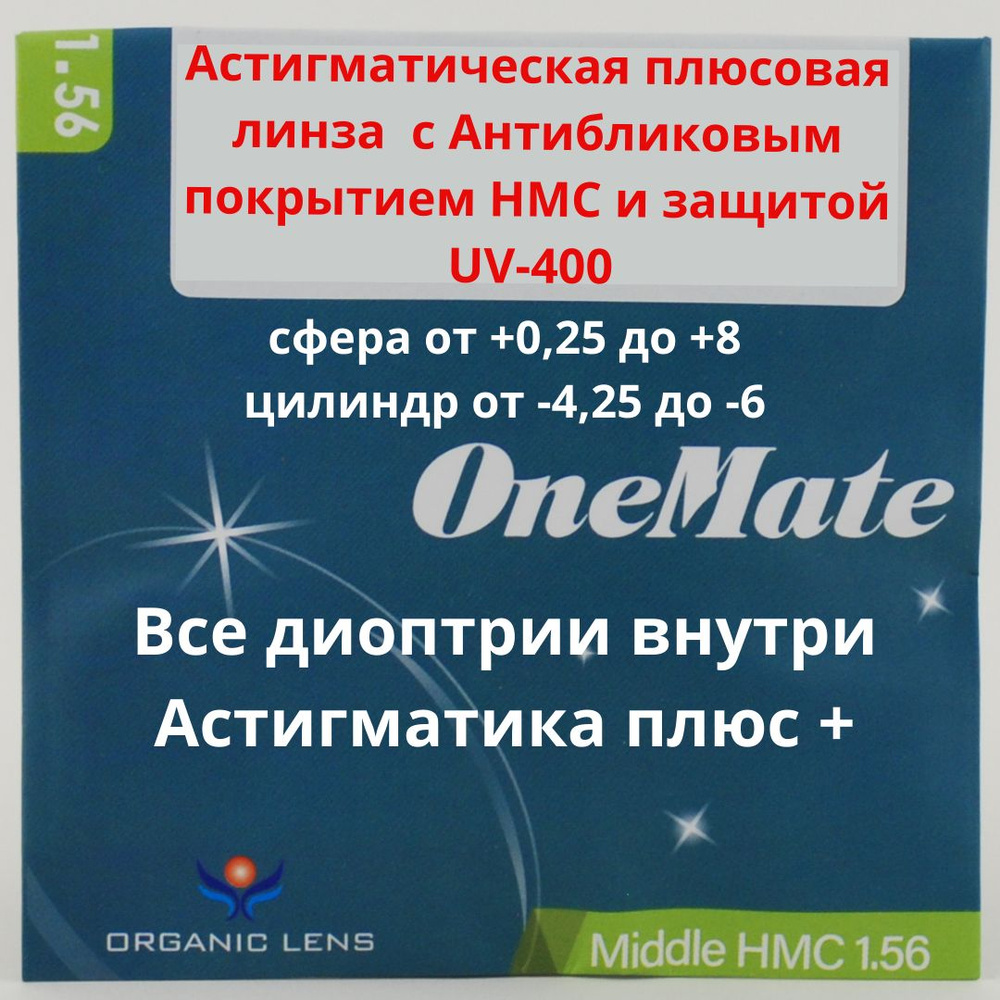 Линзы для очков, сфера +2.00 , цил -4.75 , полимерная с антибликовым покрытием, индекс 1,56  #1