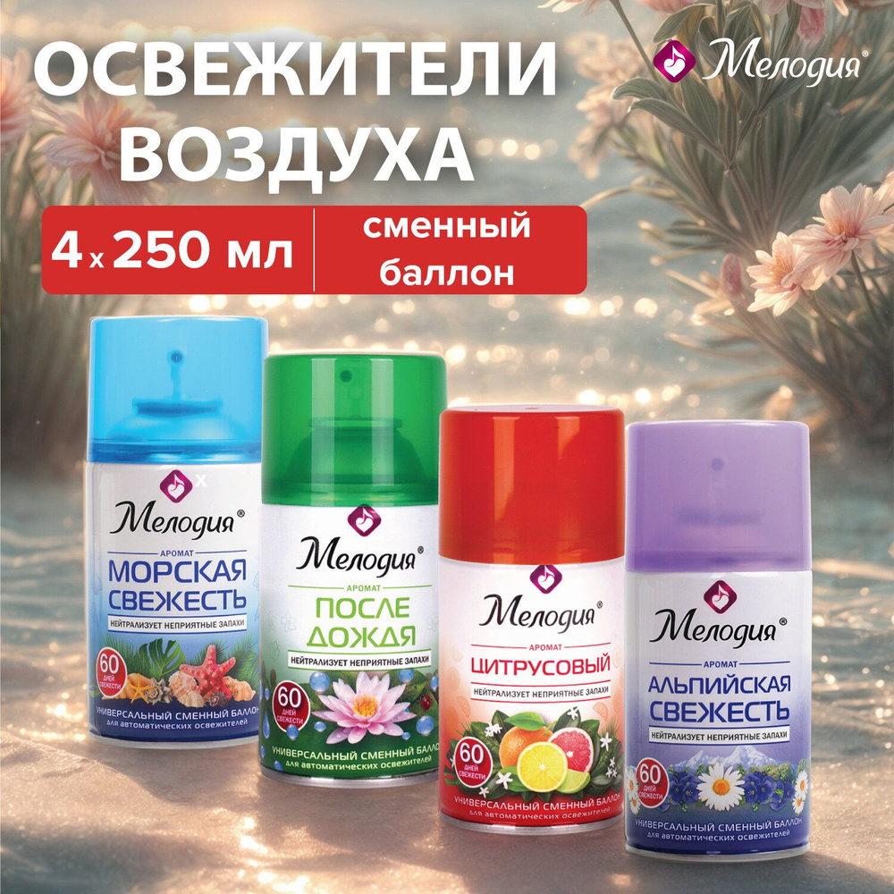 Освежитель воздуха сменный баллон 250 мл, набор 4 штуки для туалета и дома, ассорти ароматов, Мелодия #1