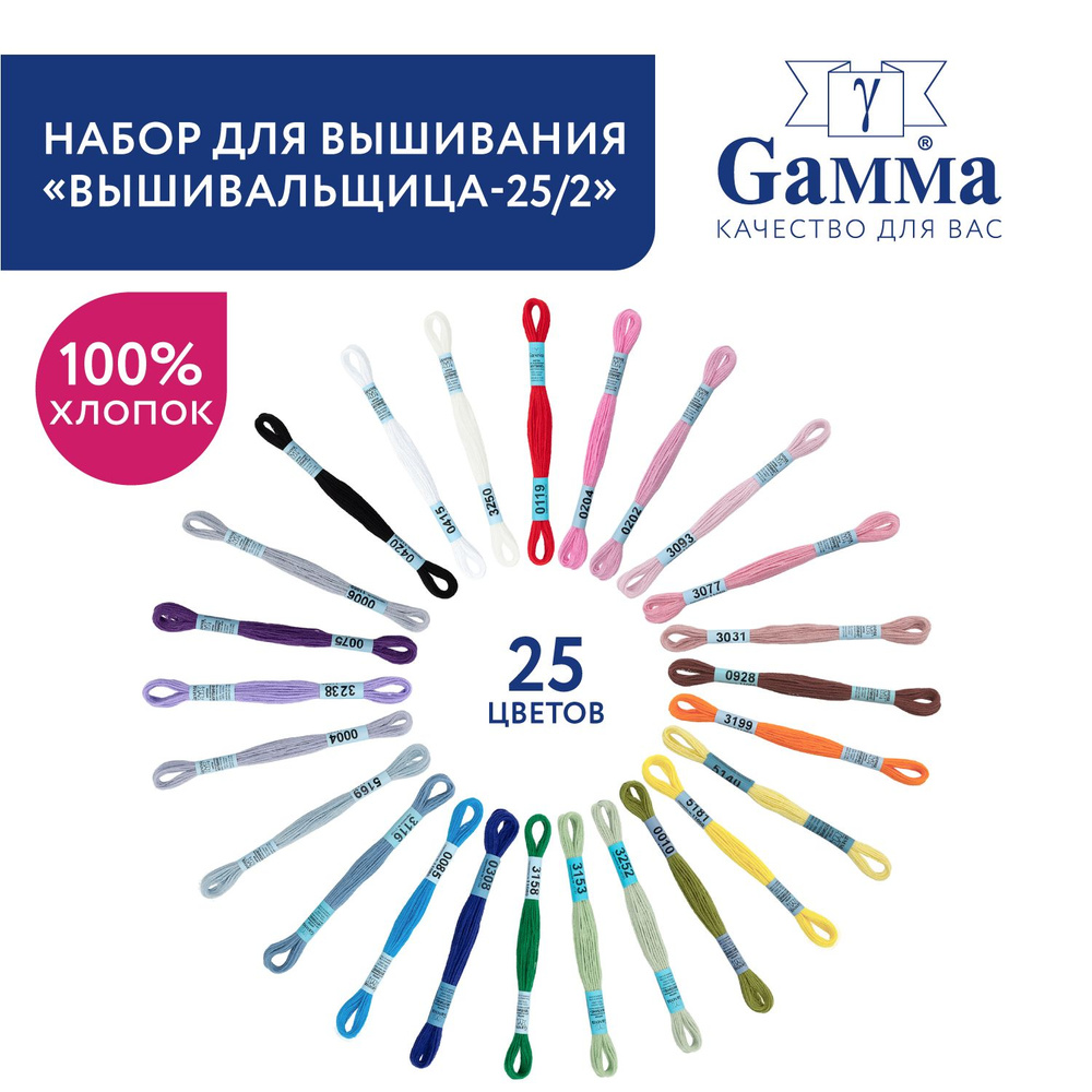 Нитки для вышивания мулине Gamma/ГАММА "Вышивальщица-25/2" 100% хлопок, 25x8 м, ассорти  #1