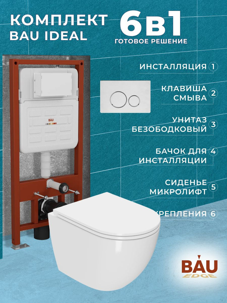 Комплект BAU 6 в 1: усиленная инсталляция BAU IDEAL, унитаз подвесной безободковый Bau SinteSi, быстросъемное #1