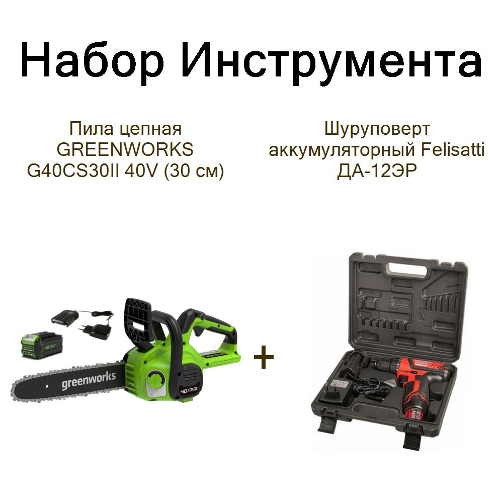 Пила цепная GREENWORKS G40CS30II 40V (30 см)+Шуруповерт аккумуляторный Felisatti ДА-12ЭР  #1