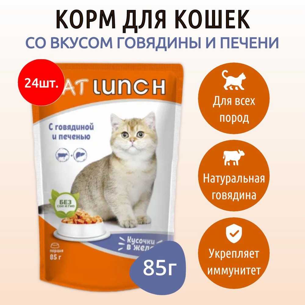 Влажный корм CAT LUNCH 2040 г (24 упаковки по 85 грамм) для кошек Говядина и печень кусочки в желе, в #1