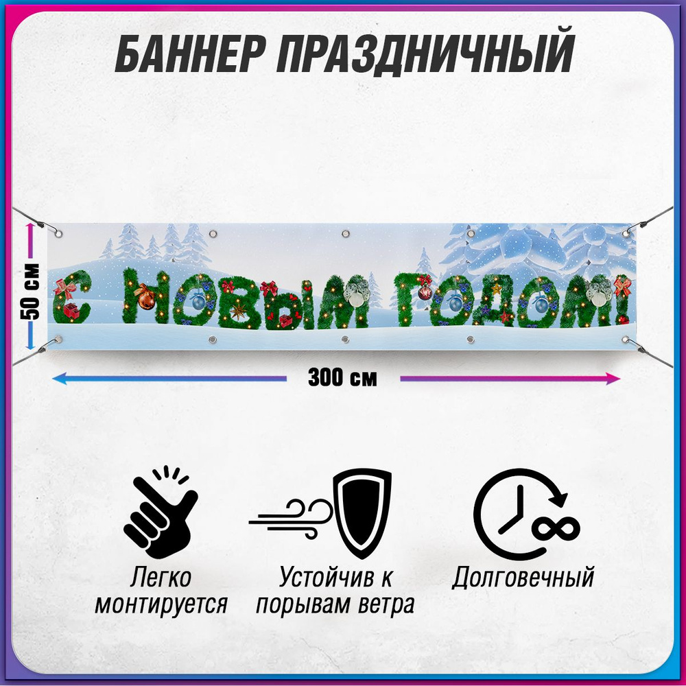 Баннер С новым годом / Растяжка на праздник Нового года и Рождества / 3x0.5 м.  #1