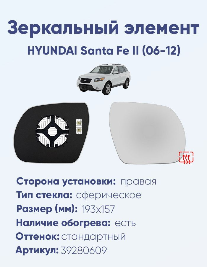 Зеркальный элемент правый HYUNDAI Santa Fe II (06-12) сфера нейтральный с обогревом  #1